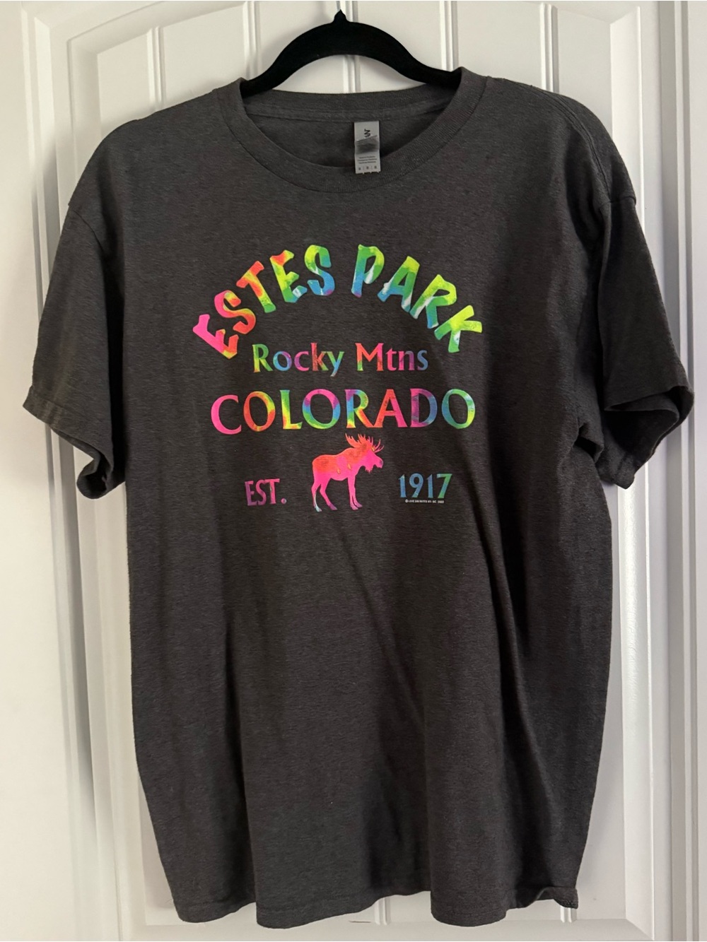 Estes Park Colorado  Graphic Tee - Dark Gray with Rainbow Print